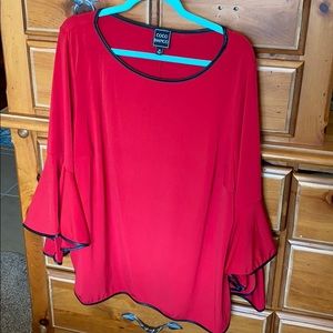 Red with black trim, flared arm, blouse
